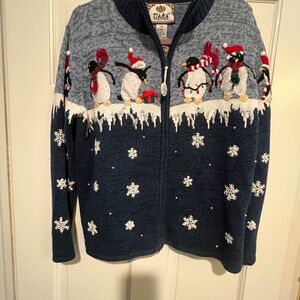 Tiara International Blue White Fair Isle Knit Zip Up Sweater Size M Winter